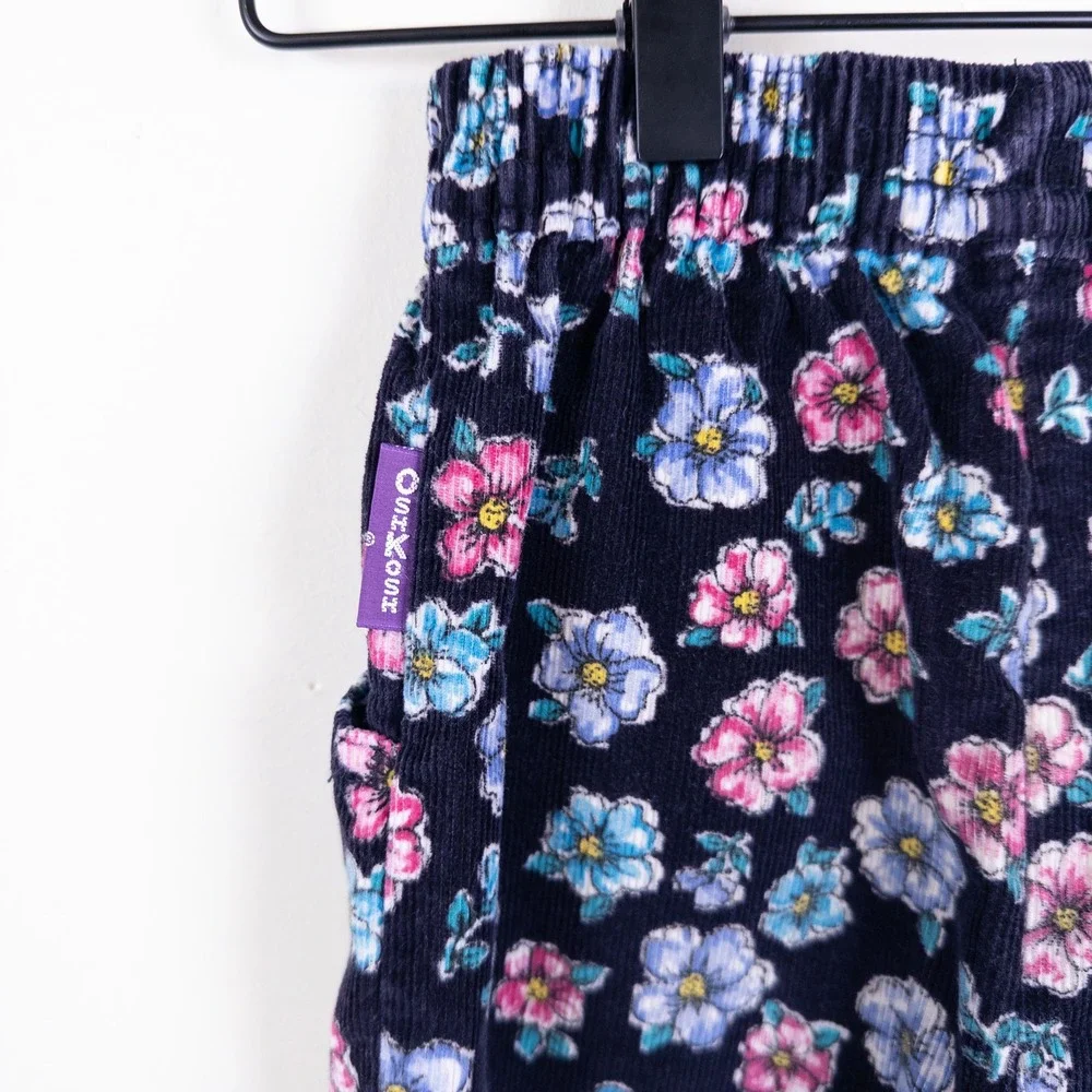 Vintage 90s OshKosh B'gosh‎ Corduroy Pants Kids 5 Navy Blue Floral Made in USA